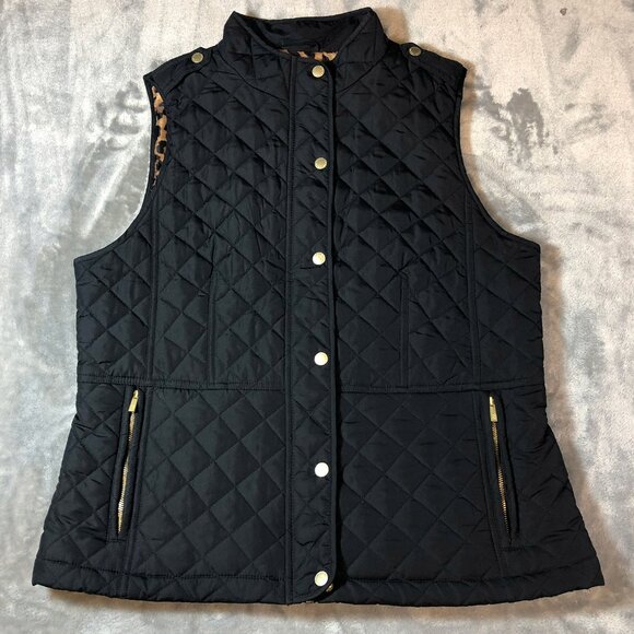 IZOD Puffer Quilt Vest Ladies Large black Leopard lining - Picture 3 of 6